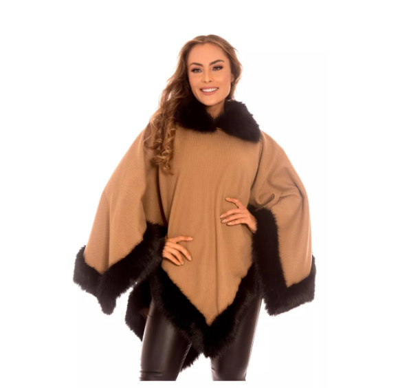 Poncho com pontas em lã com pele Stella Blu